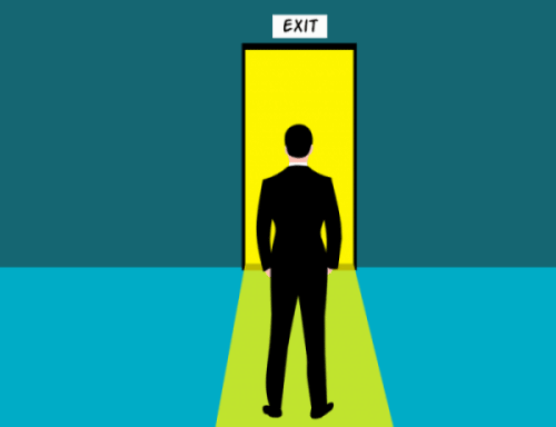 drawing of man standing in front of an Exit door